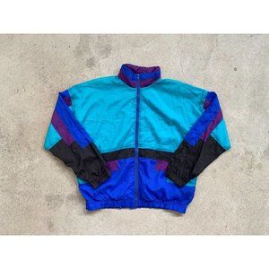 Vtg 80s Aviat Sportif Women's Black Blue Purple Windbreaker Track Jacket Size L